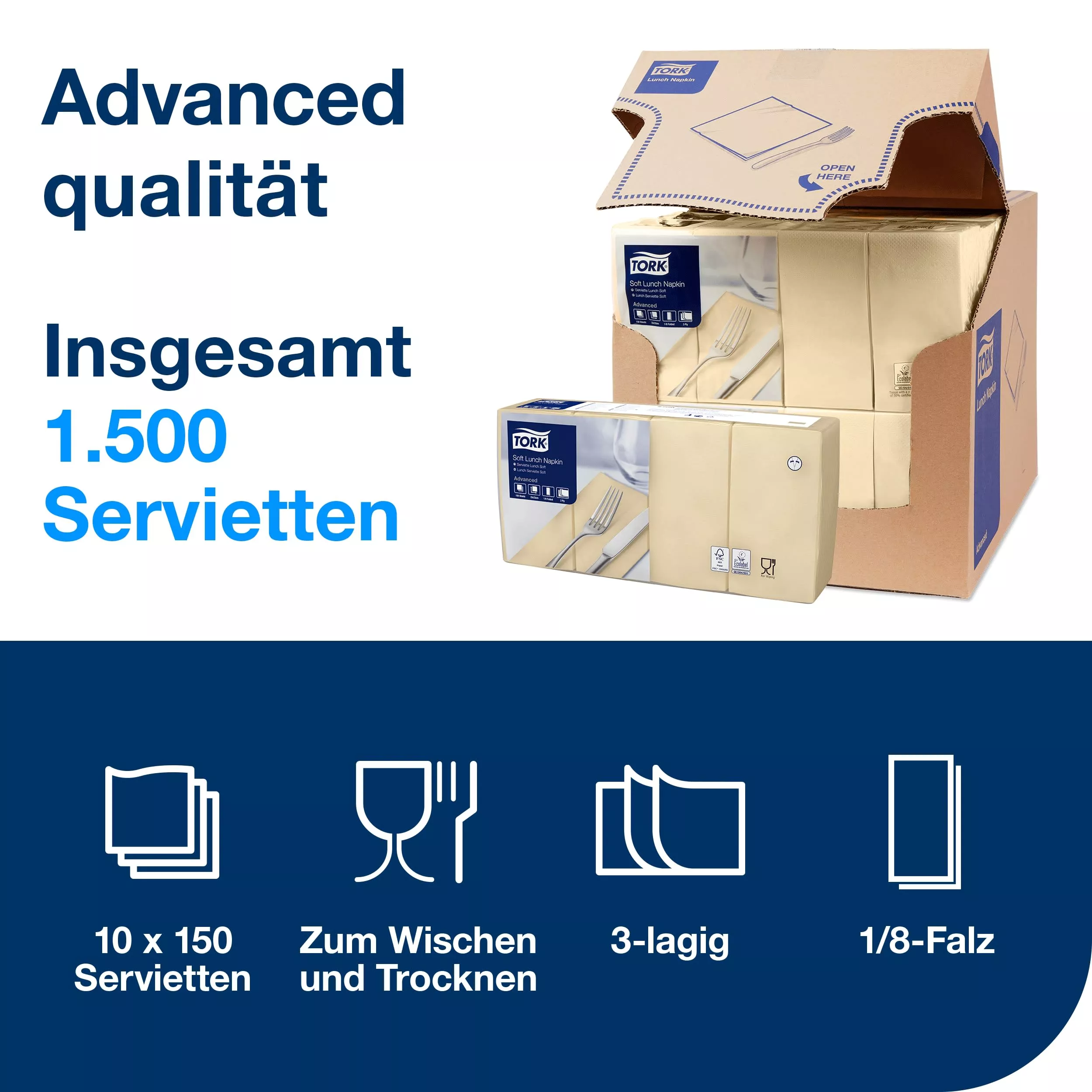 Tork Soft Lunchservietten Sand, 1/8-Falz, 3-lagig, 33 cm × 33 cm, 10 × 150 Servietten, 477884