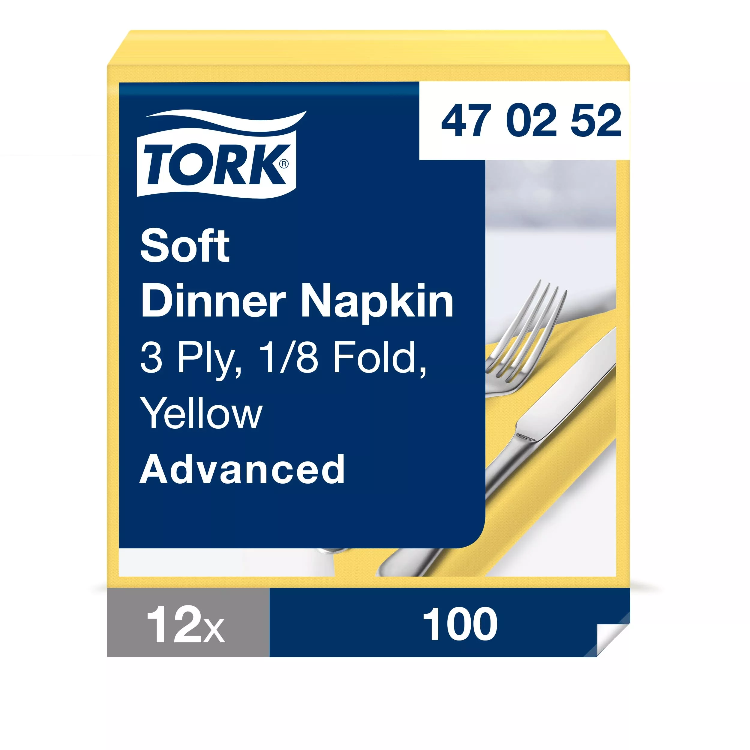 Tork Soft Dinnerservietten Gelb, 1/8‑Falz, 3‑lagig, 39 cm × 39 cm, 12 × 100 Servietten, 470252