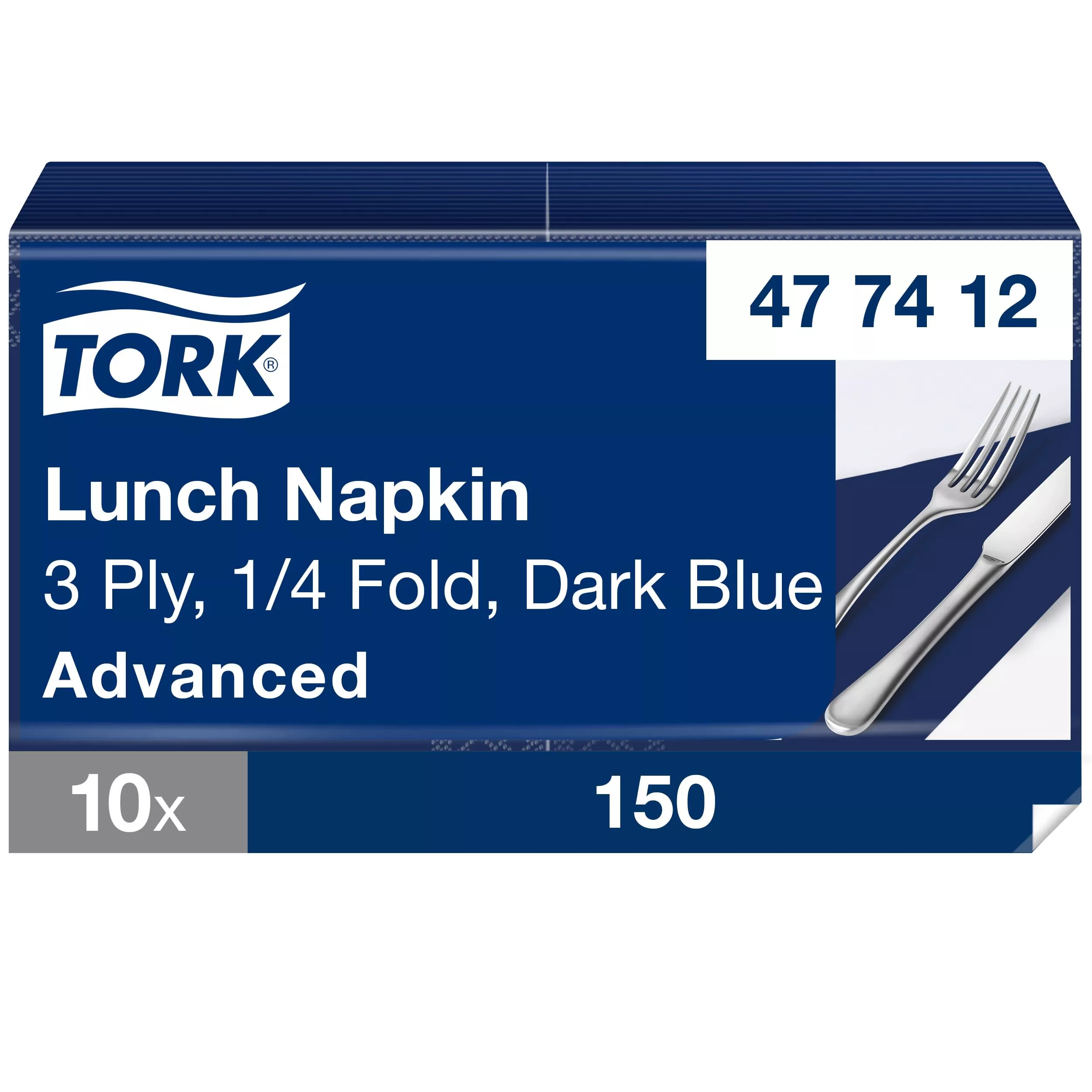 Tork Soft Lunchserviette Dunkelblau, 1/4-Falz, 3-lagig, 33 cm × 33 cm, 10 × 150 Servietten, 477412