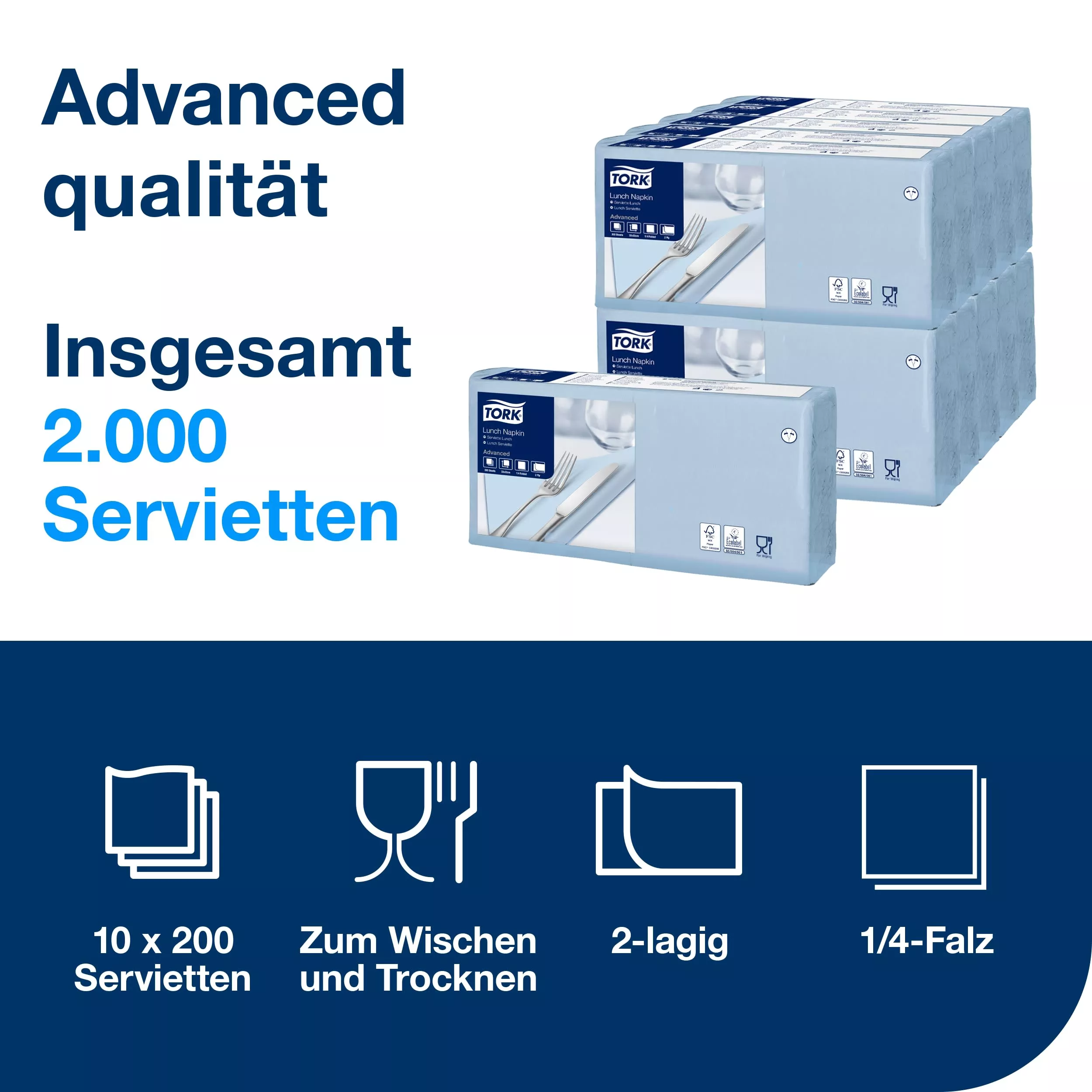 Tork Lunchserviette Hellblau, 1/4-Falz, 2-lagig, 33 cm × 33 cm, 10 × 200 Servietten, 477844